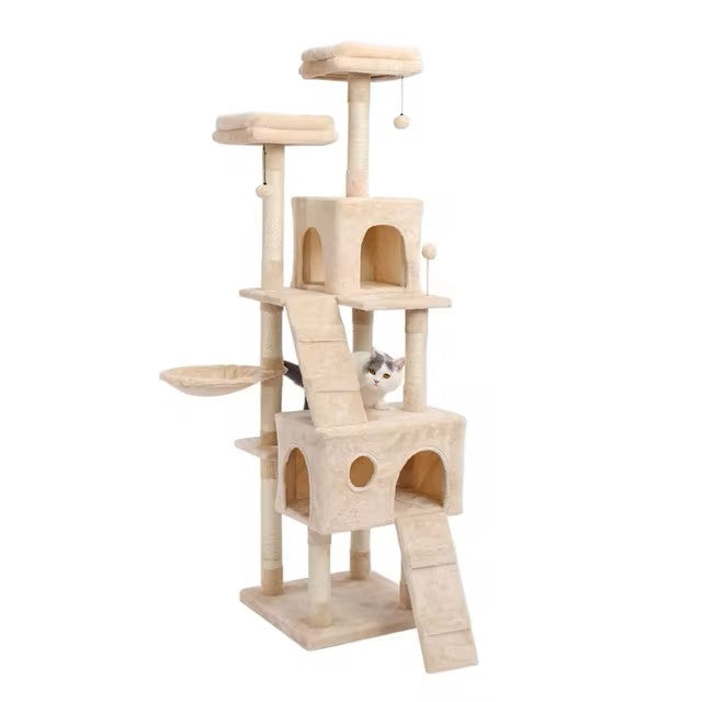 Luxury Cat Tower with Double Condos and Spacious Perch - Fully Wrapped Scratching Sisal Post